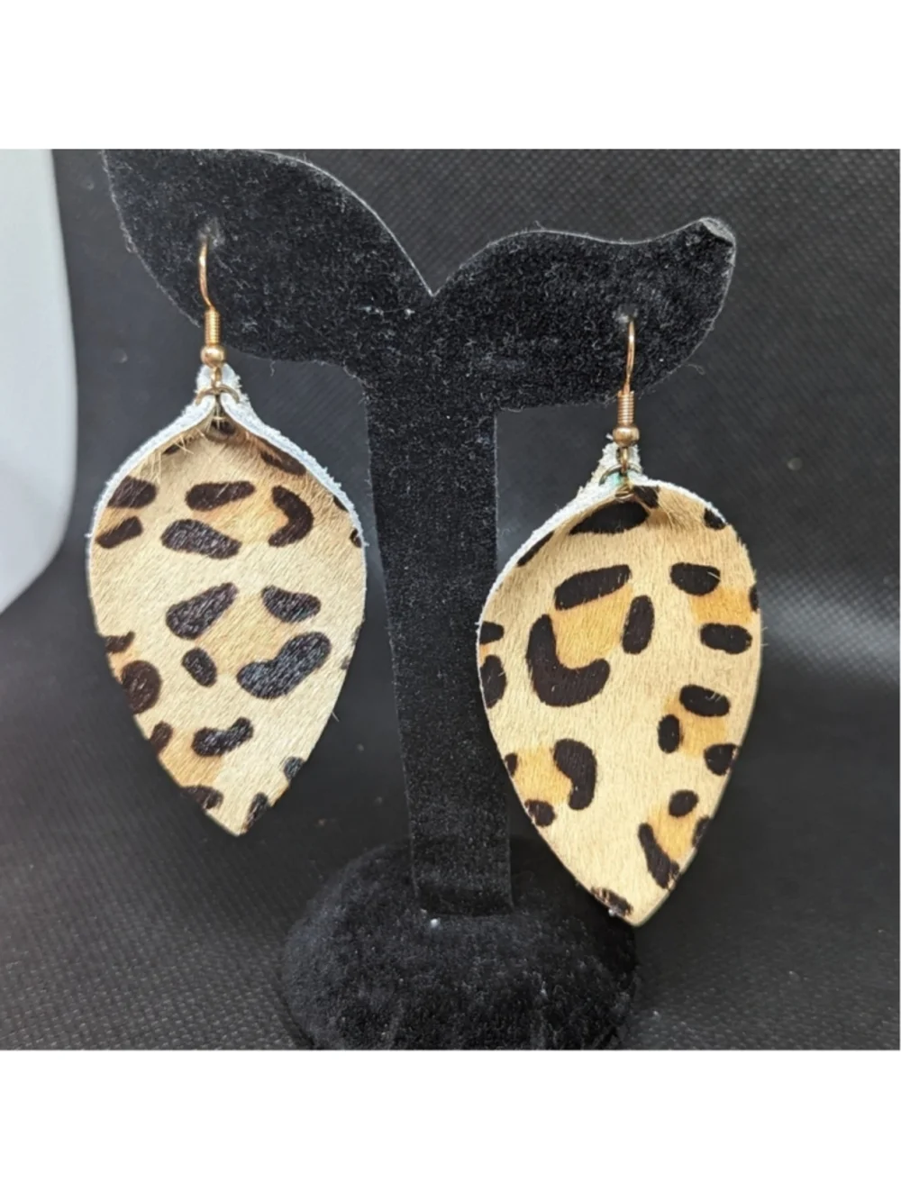 Gold Tone Brown Tan Leopard Print Calf Hair Leather Statement Earrings